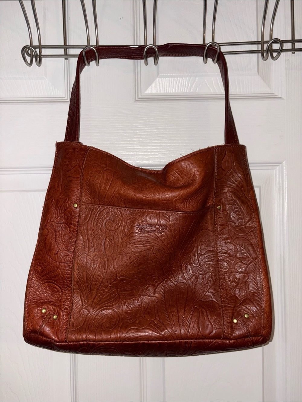 American Leather Co Embossed Leather Shoulder Bag in Burnt Brown